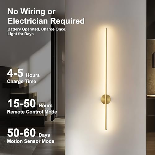 Image of KARTOOSH Brass Battery Operated Wall Sconce Set of Two with Motion Sensor | Rechargeable Wireless Wall Lights with Remote Control, Dimmable, 3000K /4000K /6000K, Timer for Living Room, Hallway,39.3 Inch