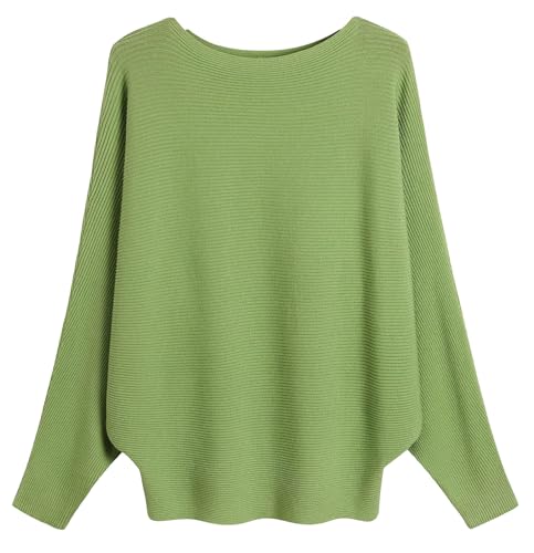 FULIER Boat Neck Batwing Sleeves Dolman Knitted Sweaters and Pullovers Tops for Women One Size (Avocado Green)