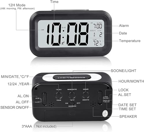 Image of Digital Table Alarm Clock | Multifunction LED Desk Clock with Date, Temperature & Automatic Sensor Display | Large Easy-to-Read Time Display