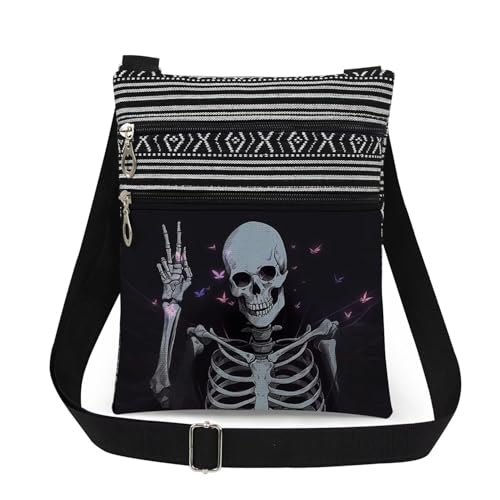 Gothic Skeleton Print Women Crossbody Bag - V Gesture Butterfly Design Men Adjustable Shoulder Strap Messenger Bag Birthday Gift Holiday Present​​ for Skull Lover Friend