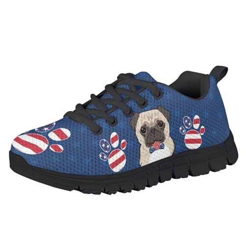 Suobstales Pug Dog Print Kids Sneakers for Boys Girls Paw American Flag Lightweight Running Shoes Breathable Walking Shoe Sport Tennis Athletic Footwear,Size 12