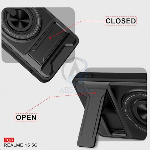 Image of AESTMO Realme 15 5G / 15 Pro 5G Back Cover | Armor Camera Slider 360 Degree Rotating Finger Ring Holder Case with Bracket Stand Back Case Cover (Compatible with MagSafe Accessories) (Black)