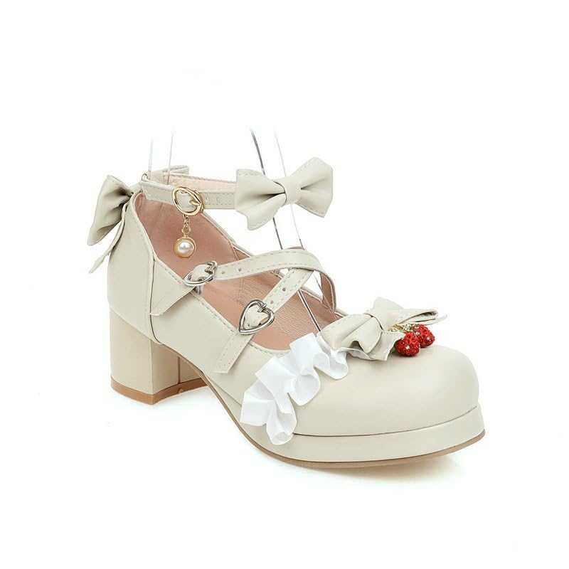 Kawaii Mary Jane Heels for Women Round Toe Low Block Heel Cross Ankle Strap Bow Lace Cute Dressy Pumps for Cosplay Wedding Prom Shoes3