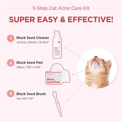 JAYU PET 3-Step Cat Acne Care Kit - Hypoallergenic Cleanser for Feline Acne, Cat Black Chin(1EA) Double-Sided Pads, Cat Acne Chin Wipes(30PCS) Soft Grooming Cat Acne Silicone Brush(1EA)
