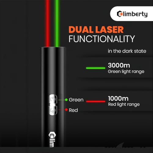 Image of Climberty USB-C Rechargeable Dual-Color Laser Pointer with Green 3000m Range & Red 1000m Range, Aluminum Laser Light Pen for Presentation, Teaching, Pet Play