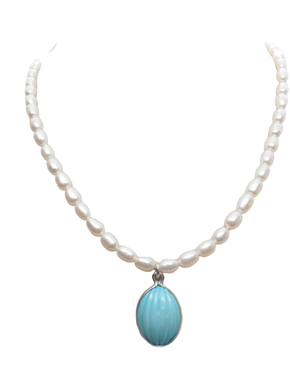 Collana di Perle d'Acqua Dolce con Ciondolo in Turchese Naturale e Argento 925 - Girocollo con Pietre Preziose