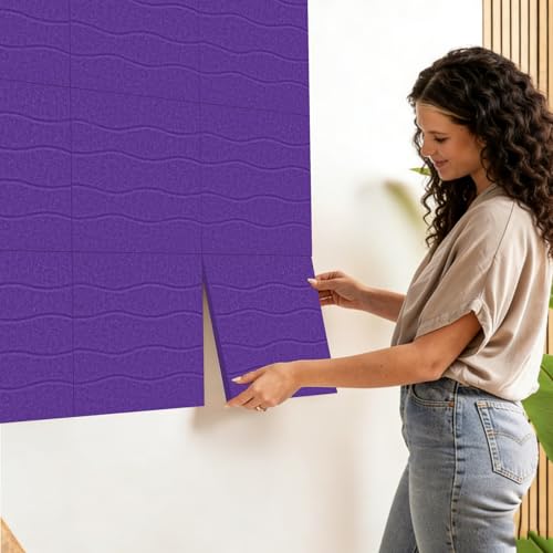 AKONEGE Large Felt Bulletin Board 48\" x 36\" Cork Board Alternative for Walls, 12 Pack Wavy Grain Felt Wall Tiles with 70 Adhesive Tabs & 20 Push Pins, Pin Boards for Office Home Decor,Violet