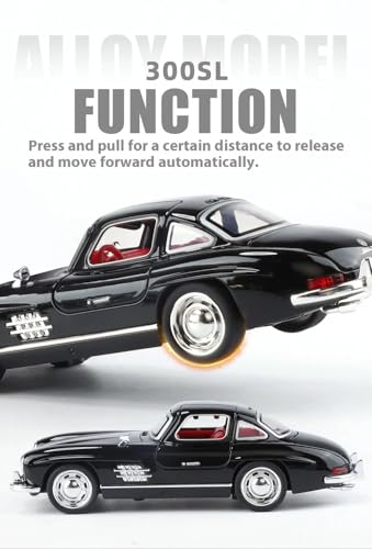 Image of 1:32 Scale Mercedes-300SL Toy Car - Classic Vintage Die-Cast Alloy Pull Back Vehicle with Lights & Music, Realistic Detailing Model for Kids, Boys & Collectors (Color As Per Stock)