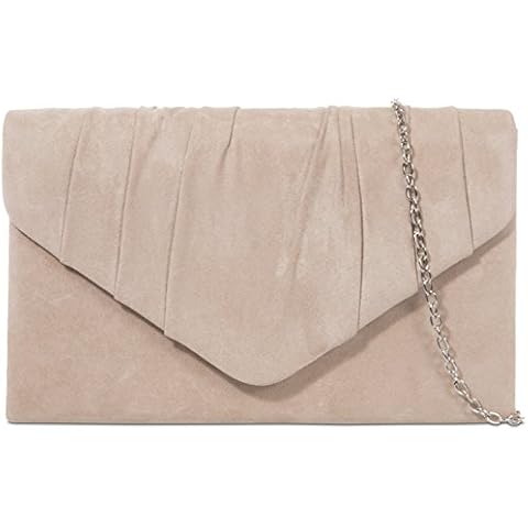 fi9 Women's Plain Suede Pleated Wedding Party Prom Evening Clutch Hand Bag Purse, (Nude), Size H 13.5 x W 22 x D 5 cm approx Cover