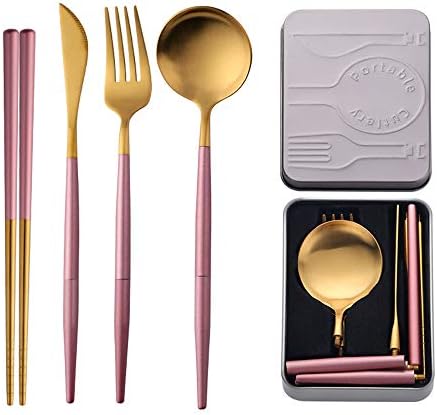 TUPMFG Portable Stainless Steel Cutlery Set with Case, 4 Pcs Reusable Travel Flatware with Chopsticks for Camping, Picnic, Office, Outdoor(Black/Gold)