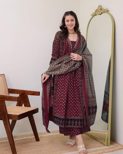 Image of ANNI Designer Women's Pure Cotton Anarkali Kurta Set for Women with Dupatta & Plazzo - Hand Block Print Suit Set | Stylish Dress | Cotton Kurta Set for Women