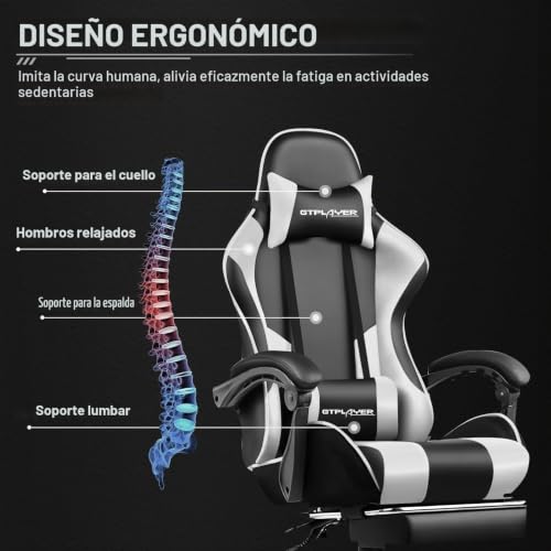 Miniatura 5 de Gtplayer Silla De Videojuegos Ergonómica Para Masaje Con Reposapiés Y Soporte Lumbar, Altura Ajustable, Asiento Giratorio De 360 Y Reposacabezas Para Oficina, Color Blanco