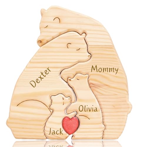 Personalized Wooden Bear Family Puzzle Custom Bears with 2-8 Names Decorative Signs Customized Home Decoration Gifts for Fathers Day Christmas Mothers Day Birthday (Embrace)