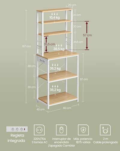 Estantería de cocina con enchufes para microondas y marco de acero robusto 4