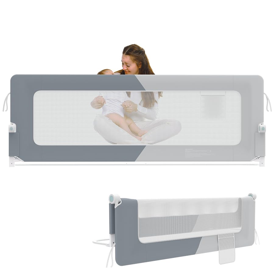 Aufun Bettgitter Bettschuztgitter Portable 200cm, Faltbar Kinderbettgitter für Kinder Babybettgitter Klappbar, Tragbar, Rausfallschutz Bett für Babys und Kinder im Elternbett, Melange grau