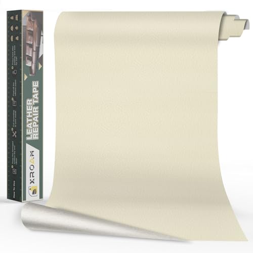 Xroam Pelle Adesiva per Riparazioni Divano, 60x200 cm Pelle Adesiva Beige Bianco, Patch di Riparazione in Autoadesiva per Divani, Sedili Auto, Mobili, Borse