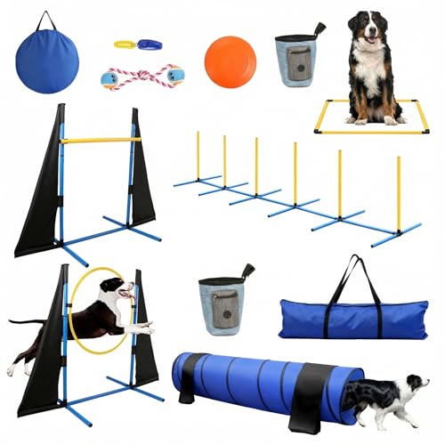 Dog Agility Course Backyard Set - Complete 11-Piece Dog Agility Equipment with Adjustable Hurdles Jump Ring Weave Poles Collapsible Tunnel Pause Box Ball for Indoor/Outdoor Training