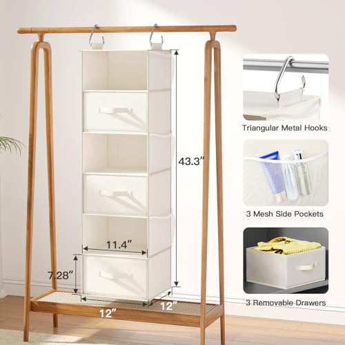 Pipishell Hanging Closet Organizer 6-Shelf, Hanging Shelves for Closet with 3 Removable Drawers & Side Pockets, Hanging Shelf Organizer for Bedroom or Garment Rack, 12\'\' x 12\'\' x 43.3\'\', White-2 Pack - Thumbnail 2