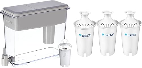 Brita Dispensador de filtro de agua XL para grifo y agua potable con 4 filtros estándar, dura 2 meses cada uno, capacidad de 27 tazas, sin BPA, gris