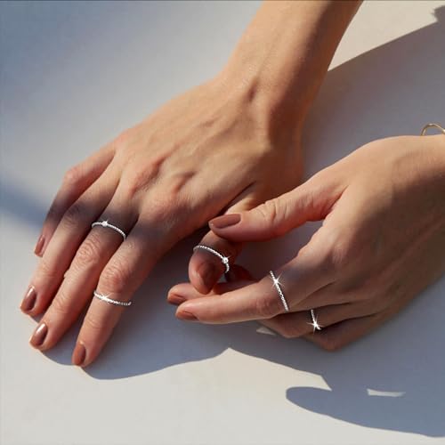 Silver Rings for Women, Dainty Stackable Silver Plated Rings Adjustable Beaded Thin Eternity Bands Wedding Rings Band Ring Set Bands for Women Size 5-10in Christmas Gifts4