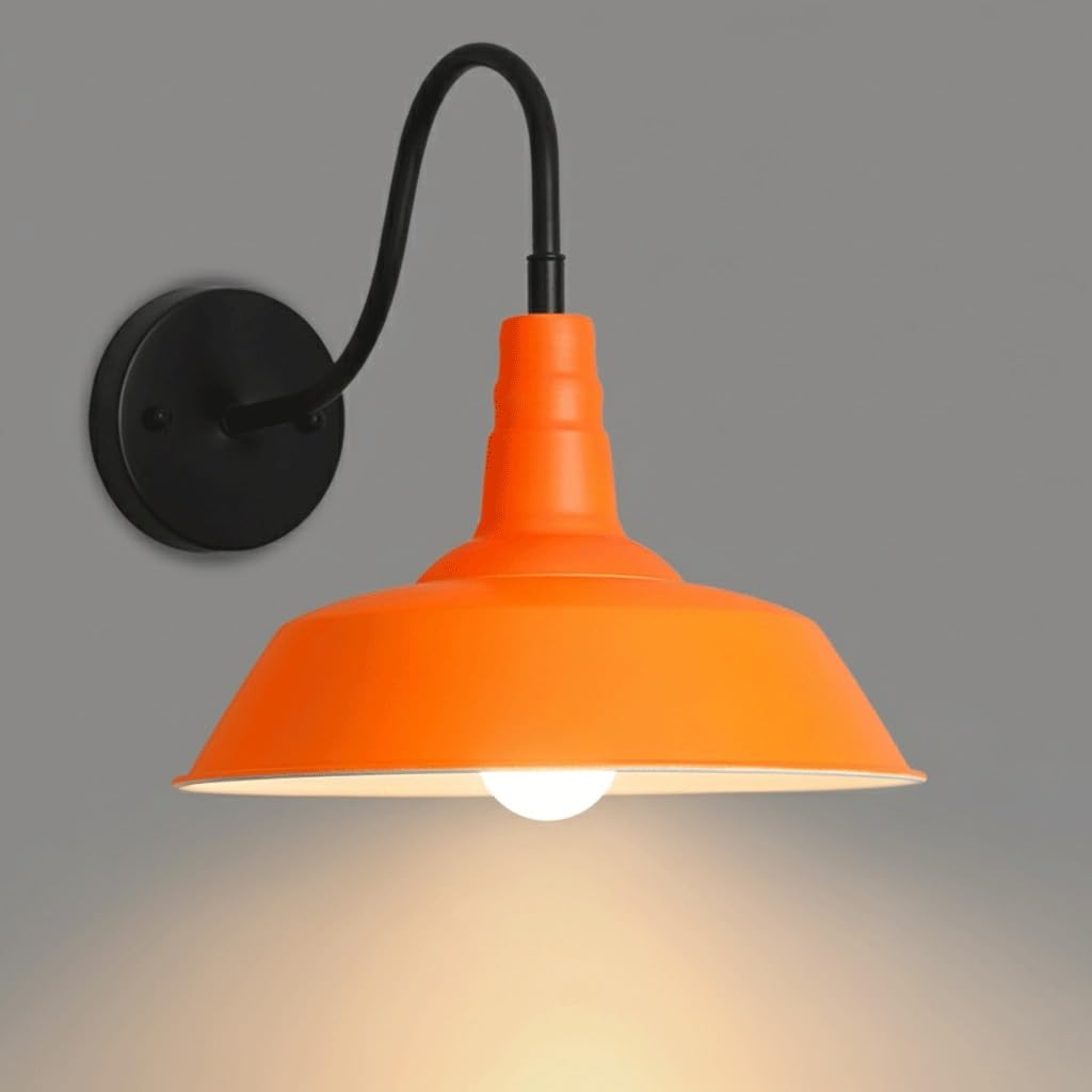 IvyLoutish Modern Industrial Barn Wall Sconce, Colorful Farmhouse Gooseneck Wall Light with Metal Umbrella Shade, Vintage Fixture for Restaurant Bar BBQ Shop Kitchen Decor, E26/E27(Orange)