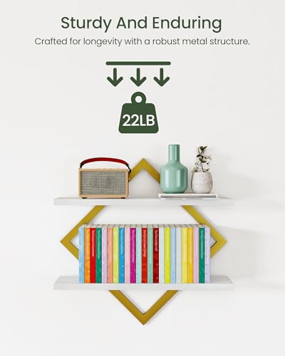 Image of CHOEZON Floating Shelves for Wall, Set of 2 Wall Mounted Shelves, 2-Tier Hanging Shelves, for Living Room, Bedroom, Kitchen, Office, Study, Gold and White TBJ01P2JW