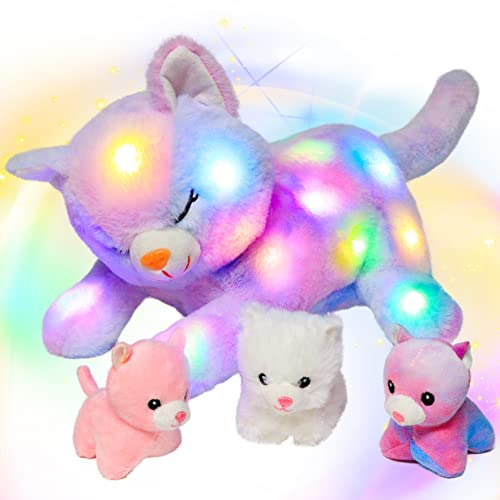 Hopearl LED Plush Cat Lighting Up Stuffed Mommy Cat with 3 Baby Kittens in her Tummy Stuffed Animal Playset Night Lights Glow in The Dark for Mom Kids Toddler Girls, Rainbow, 18''