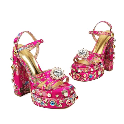 Image of Feinlina Rhinestone Platform Chunky Heels for Women Open Toe Ankle Strap Dress Pumps with Gems Green Pink Floral Print Embroidery Wedding Party Sandals