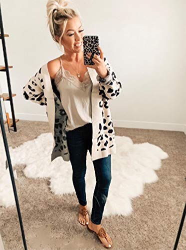 BTFBM Women Chic Leopard Print Cozy Sweater Pockets Button Down Open Front Loose Knitted Long Cardigan with Sleeves (Apricot, Medium)