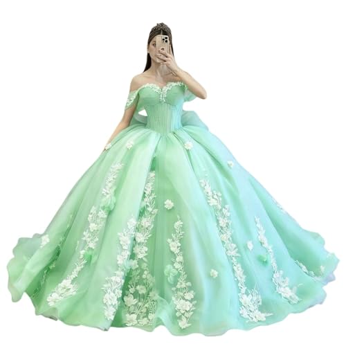 Dydsz Princess Off Shoulder Floral Mint Green Quinceanera Dresses with Bow Beaded Sweet 16 Dresses with Train Vestidos De 15 Anos Quinceaera Ball Gown Size 14