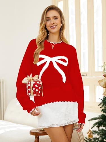 Image of Milumia Women's Bow Print Drop Shoulder Long Sleeve Sweater Crew Neck Knit Fall Tops