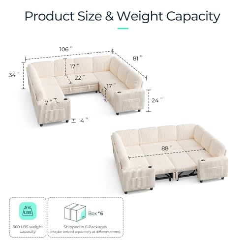 Image of LINSY HOME Sectional Sleeper Sofa with Pull Out Couch Bed - Convertible Plush Corduroy Cloud Couch with Storage Chaise & USB Charging, Comfy Modular Couches for Living Room, Beige