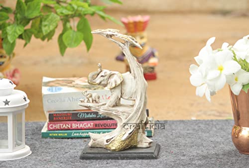 Image of Resin Elephant on Tree with Baby Elephant Statue Animal Figurine On Wooden Base for Feng Shui and Vaastu Statue (14.5X9X23.5 cm, Off White)