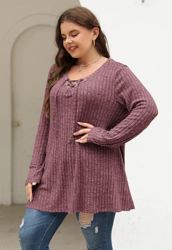 Image of Nemidor Women Plus Size Casual Tunic Top Drawstring V Neck Long Sleeve