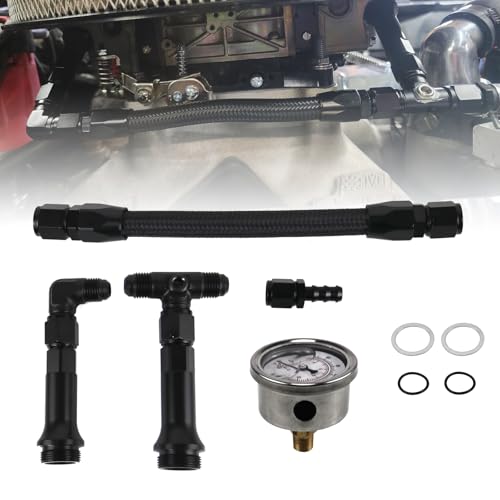 Frtcaty AN6 Dual-Feed Fuel Line Kit w/ 0-150 PSI Pressure Gauge - Compatible with Holley 4150 Carburetor - Stainless Steel Braided Hose