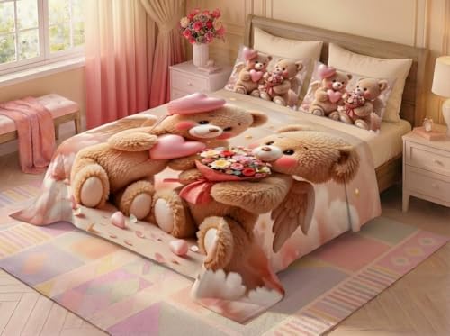 Image of 7D Fairy Tale Blush Bear Collection Double Bedsheet 90x100 inch with 2 Pillow Covers | Good Stitching, Soft Fabric & Vibrant 7D Digital Print for Kids & Couples