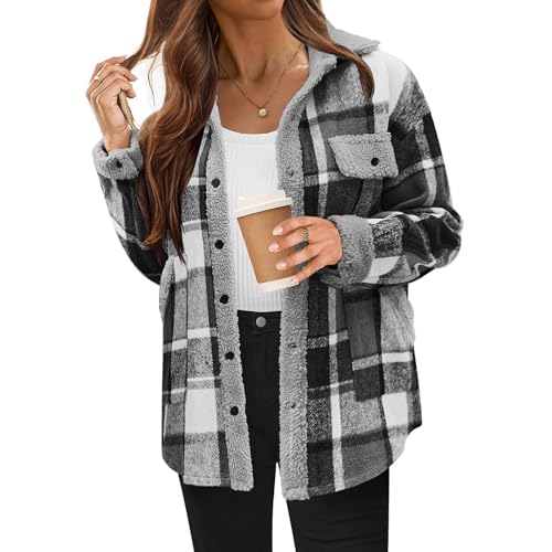 Flannel Shacket Women Plaid Jacket Fleece Sherpa Shackets Button Down Collared Jackets Fall Winter Warm Coats