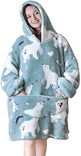 Queenshin Polar Bear Wearable Blanket Hoodie,Oversized Flannel Comfy Sweatshirt for Adults Women Girls,Warm Cozy Animal Hooded Body Blanket
