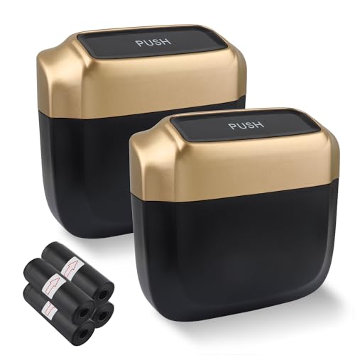 IHOTDER 2PCS Car Trash Can with Lid + 60PCS Garbage Bag,Mini Trash Can Car Interior Accessories,Multifunctional ABS Car Organizers and Storage (Gold)