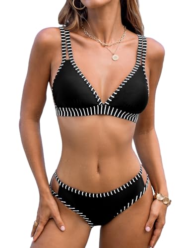 CUPSHE Women's Bikini Set Two Piece Swimsuits Strappy Mid Rise V Neck Cutout Adjustable Double Straps