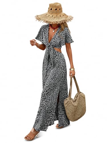 Narecte Spring Maxi Dresses for Women Deep V Neck Leopard