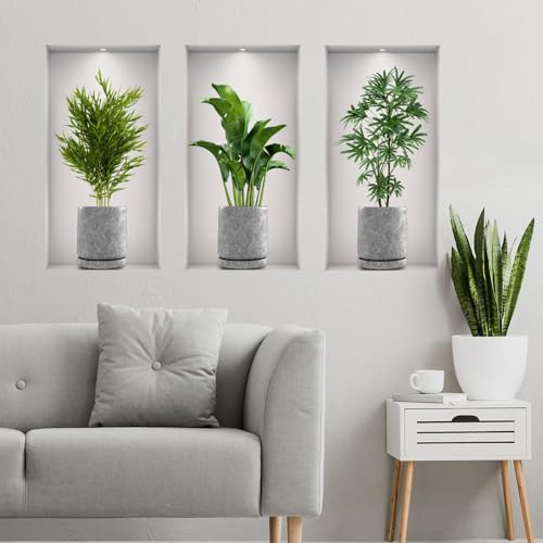 SRIZIAN 3 Stück Wandaufkleber, 3D-Wandaufkleber Vase, Grüne Pflanzen Wandkunstaufkleber für Schlafzimmer Küche Wanddekoration