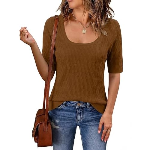 Totatuit Womens Short Sleeve Sweaters Square Neck Tops 2026 Trendy Textured Knitted Business Casual Pullover Sweater Brown X-Large