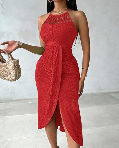Image of CHICME Womens Summer Halter Ruched Bodycon Long Dresses