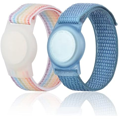 Kids Wristband Compatible with Apple AirTag, Protective Case for Air Tag GPS Tracker Holder with Nylon Bracelet, Adjustable Anti Lost Watch Band for Toddler Child Elder (Rainbow A & Blue) Cover