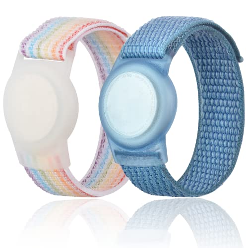 Kids Wristband Compatible with Apple AirTag, Protective Case for Air Tag GPS Tracker Holder with Nylon Bracelet, Adjustable Anti Lost Watch Band for Toddler Child Elder(Rainbow A & Blue) by Qonuiy - Used condition - US$7.99