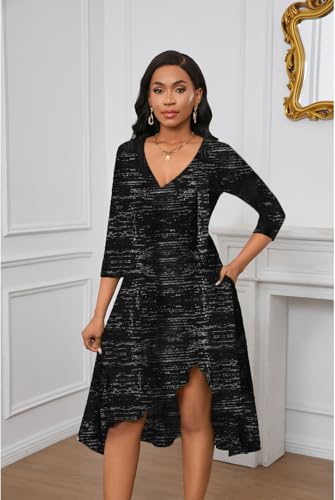 Image of Womens Sexy Midi Summer Dresses | Casual Wrap V Neck 3 /4 Sleeve Split Ruffle Hem Dress with Pockets for Beach & Party
