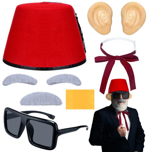 Maiteenly 8 Pcs Halloween Old Man Costumes Accessories for Man Red Fez Hat Gray Beard Eyebrow Giant Fake Ears Black Thick Glasses Long Silk Bow Tie Grandpa Accessories for Halloween Cosplay Party