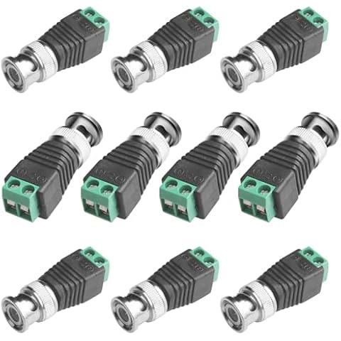 BNCUHF BNC Male Balun Connector 10 Pcs Coaxial Cat5 to BNC Male Connector BNC to 2 Screw Camera Terminal Male Adpater for CCTV Surveillance Video Cameras Cat5/6 Cable to BNC Male Connector Cover