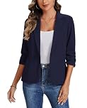 MINTLIMIT Womens Blazer Elegant Business Casual Ruched 3/4 Sleeve One Button Single Welted Pockets (Navy L)